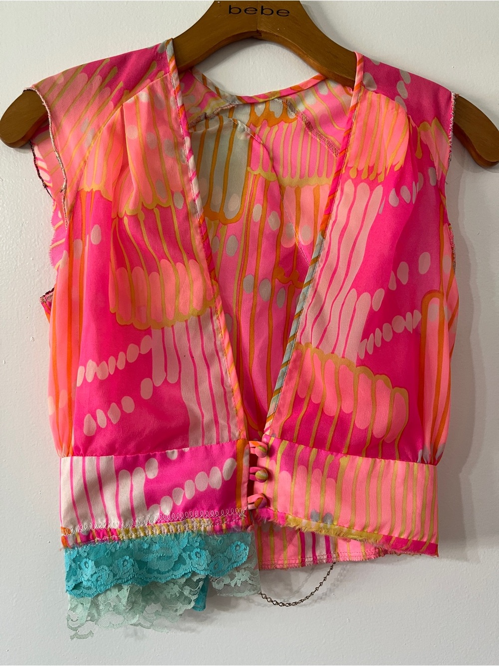 Handmade tailored Hot Pink & Orange Abstract Print Sleeveless V-Neck Vest Crop